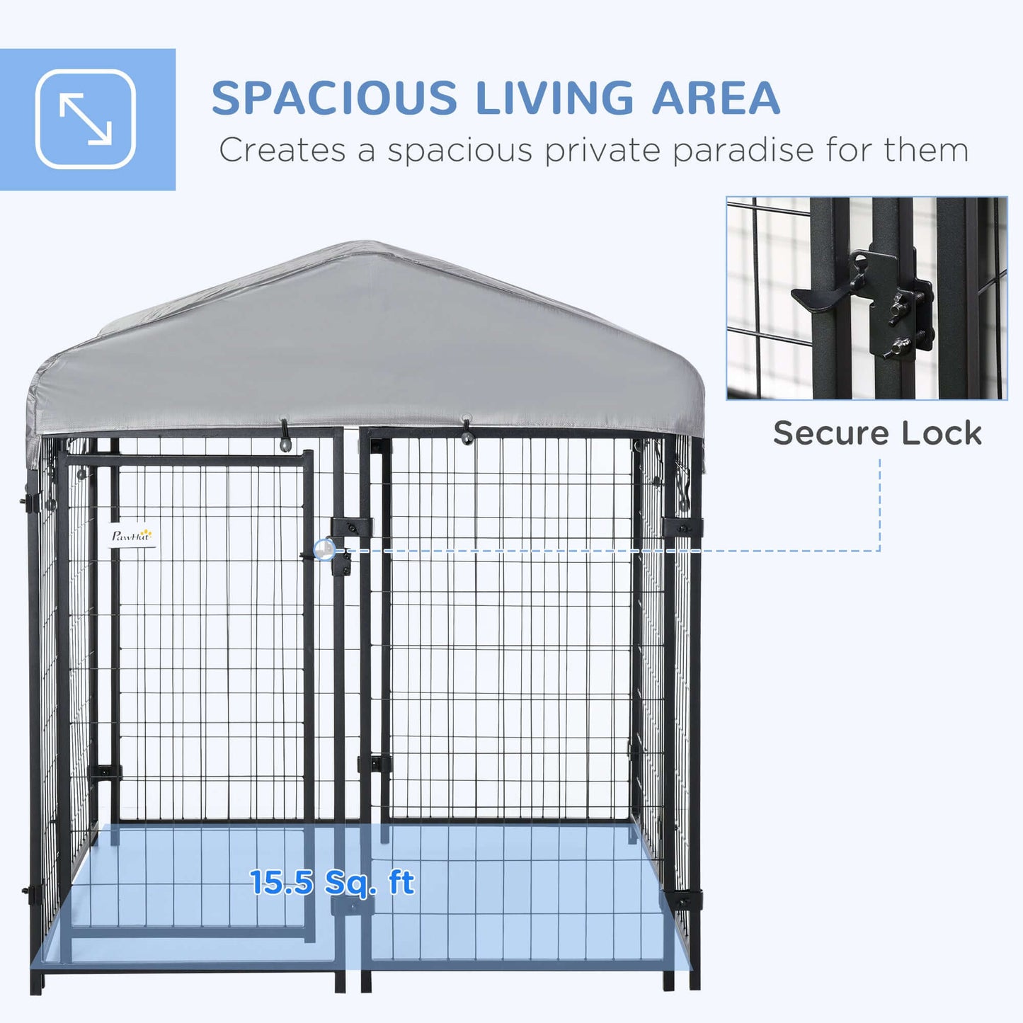 4x4 dog playpen with lockable door and water-resistant canopy, providing 15.5 sq. ft spacious living area.