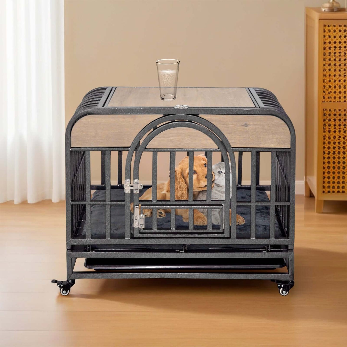 46" Heavy Duty Dog Crate, Removable Trays and Wheels for High Anxiety Dogs, Grey GIGA