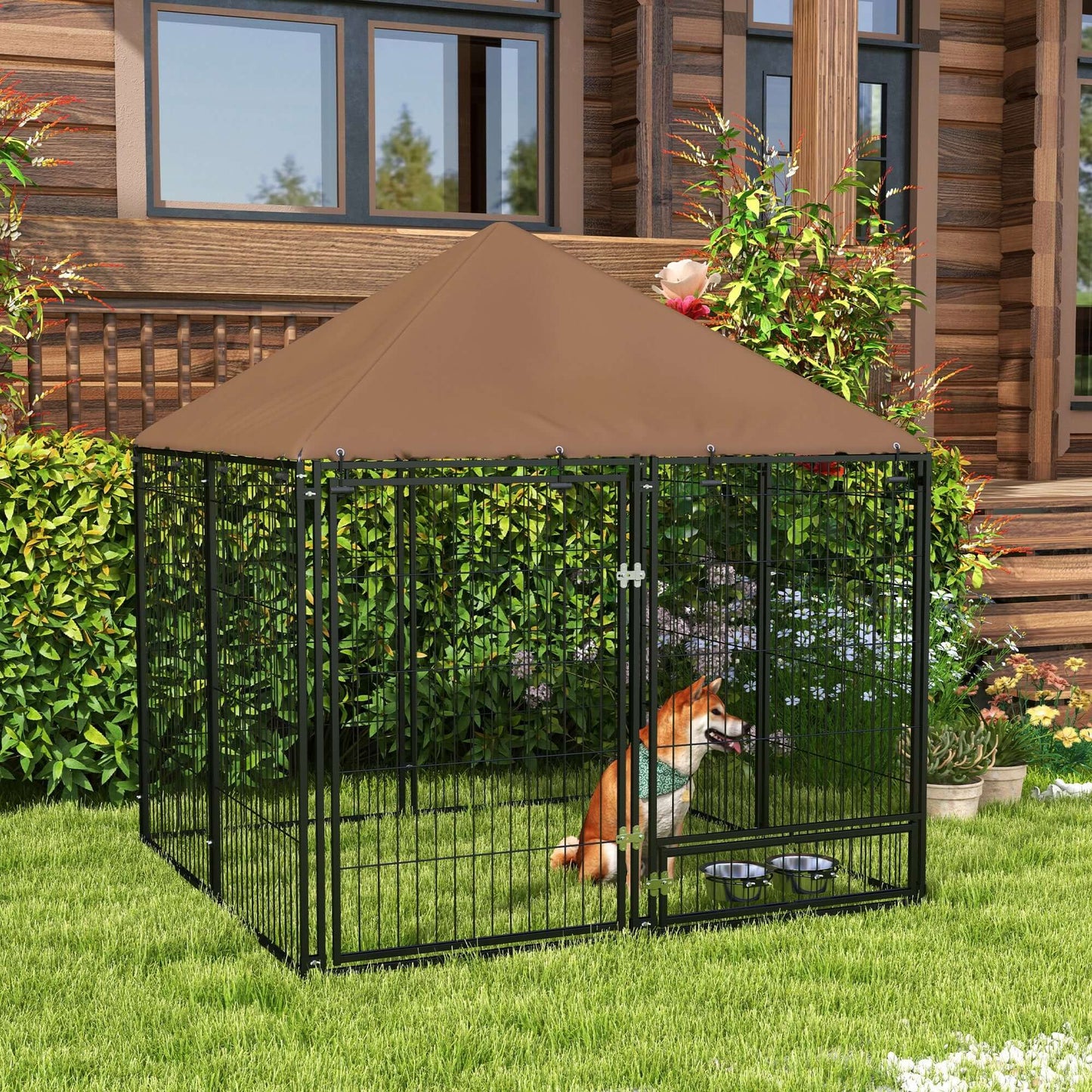 4.6' x 4.6' x 5' Dog Kennel with Canopy, Rotating Bowl, Black - supdog