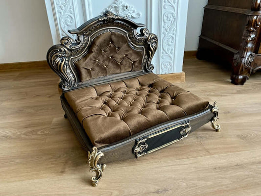 Luxury Carved Wood Baroque Oak Pet Bed, Quilted Velvet - supdog