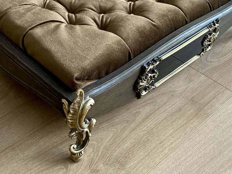 Luxury Carved Wood Baroque Oak Pet Bed, Quilted Velvet - supdog