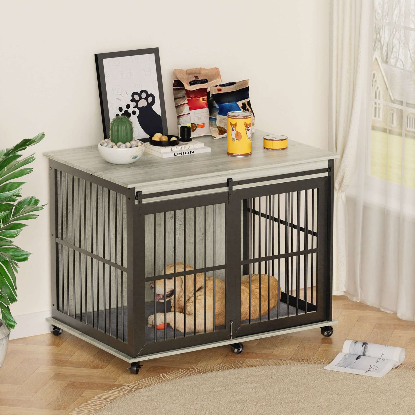 44" Dog Crate Sliding Iron Door with Mat, Flip-Top, Grey GIGA