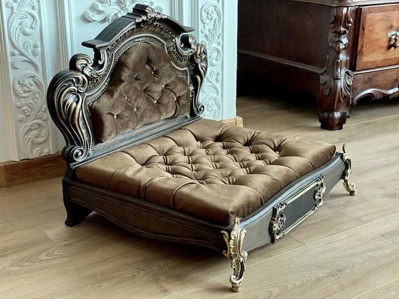 Luxury Carved Wood Baroque Oak Pet Bed, Quilted Velvet - supdog
