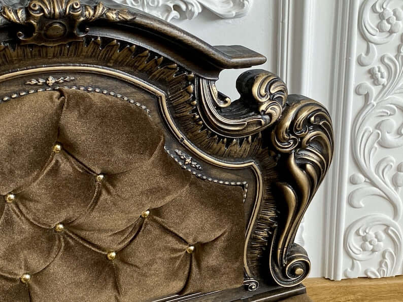 Luxury Carved Wood Baroque Oak Pet Bed, Quilted Velvet - supdog