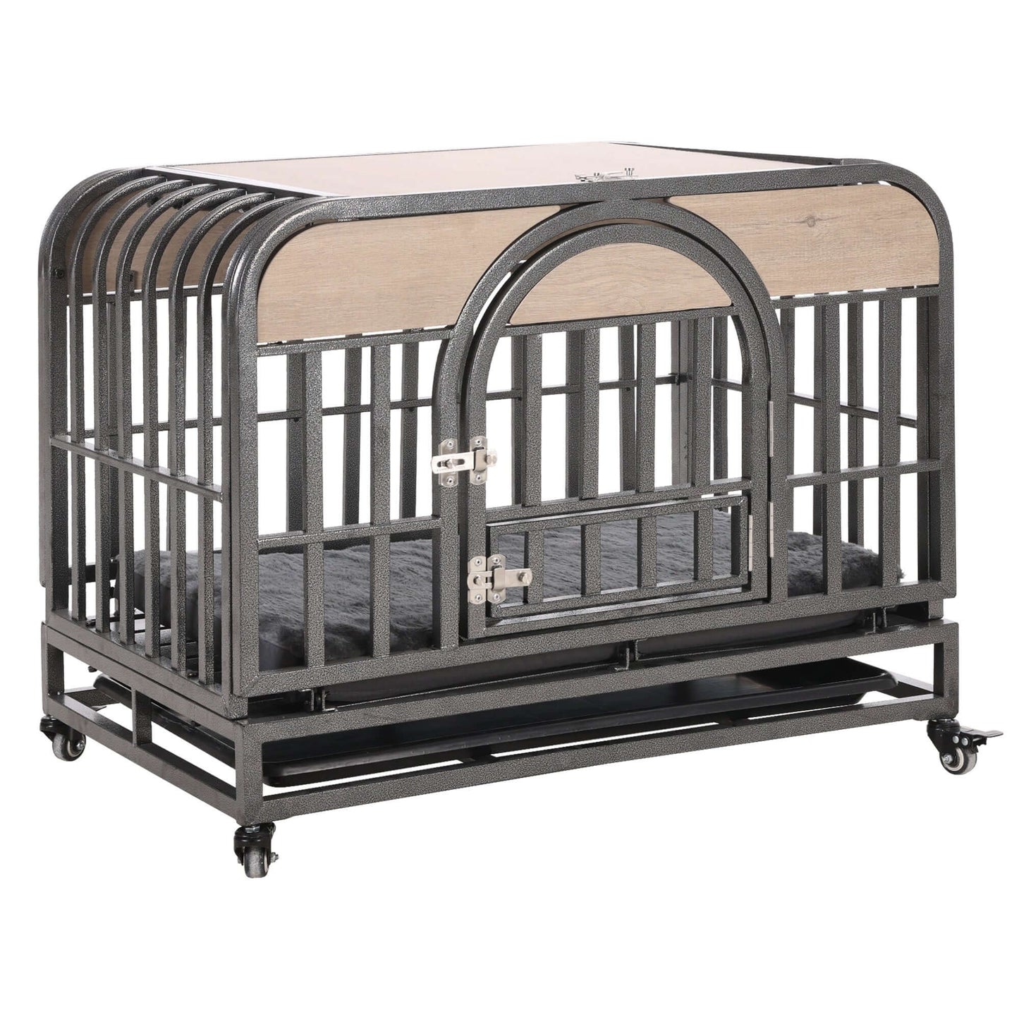 46" Heavy Duty Dog Crate, Removable Trays and Wheels for High Anxiety Dogs, Grey GIGA