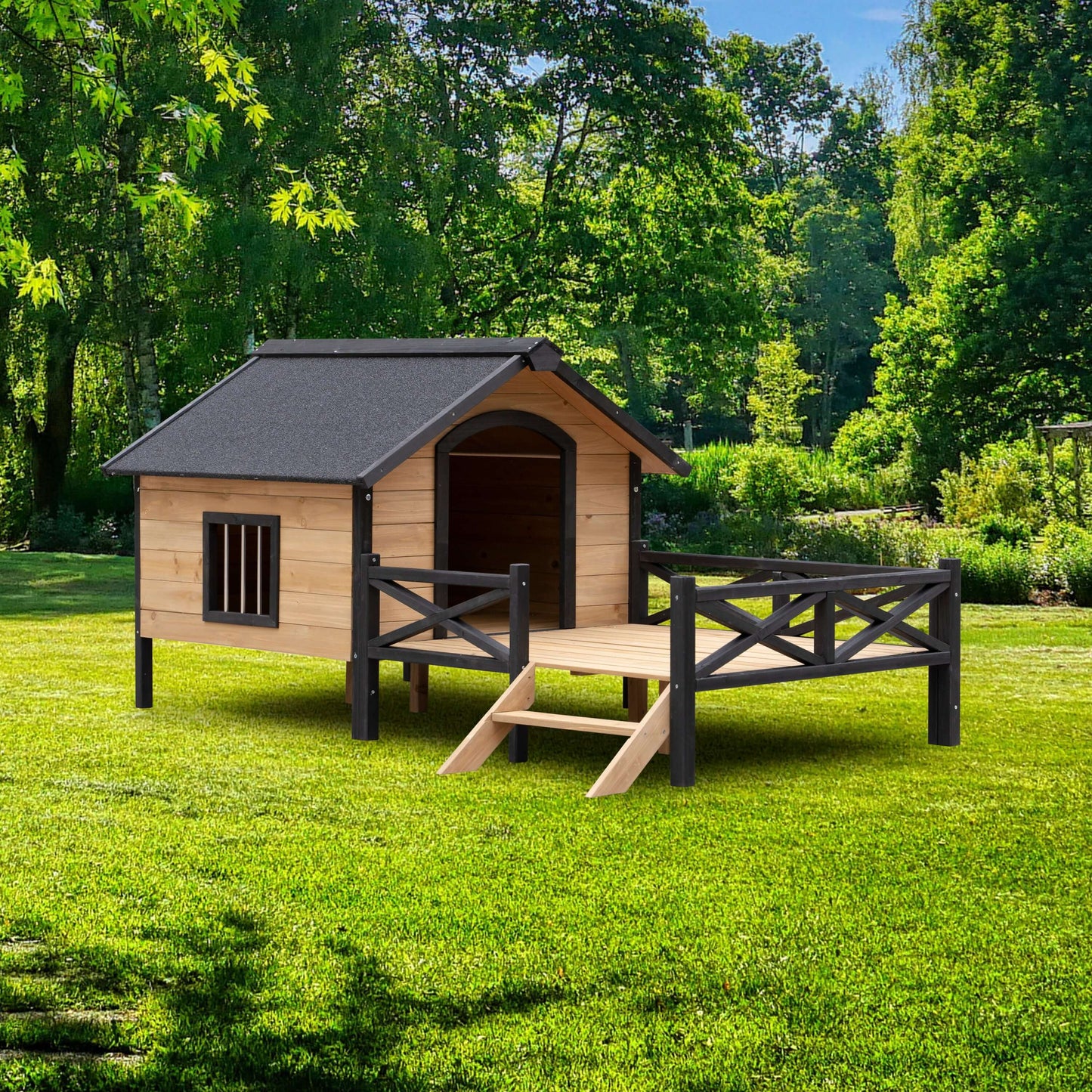 66" Large Wooden Dog House, Raised Cabin with Porch GIGA