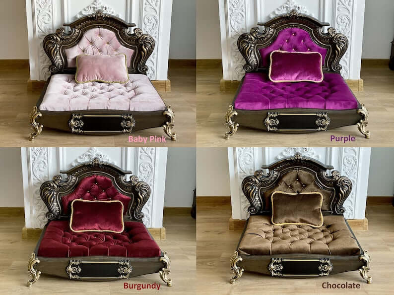 Luxury Carved Wood Baroque Oak Pet Bed, Quilted Velvet - supdog