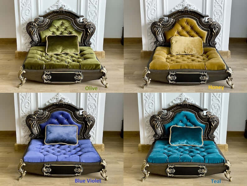 Luxury Carved Wood Baroque Oak Pet Bed, Quilted Velvet - supdog