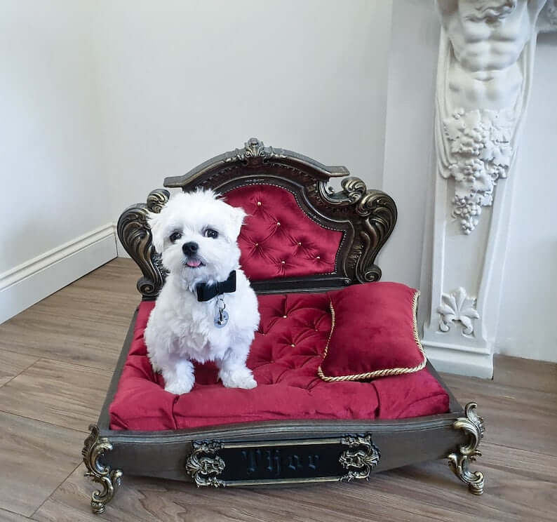 Luxury Carved Wood Baroque Oak Pet Bed, Quilted Velvet - supdog