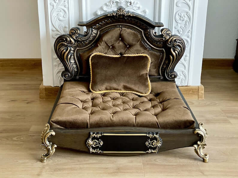 Luxury Carved Wood Baroque Oak Pet Bed, Quilted Velvet - supdog