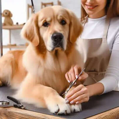 Dog on table getting nails trimmed