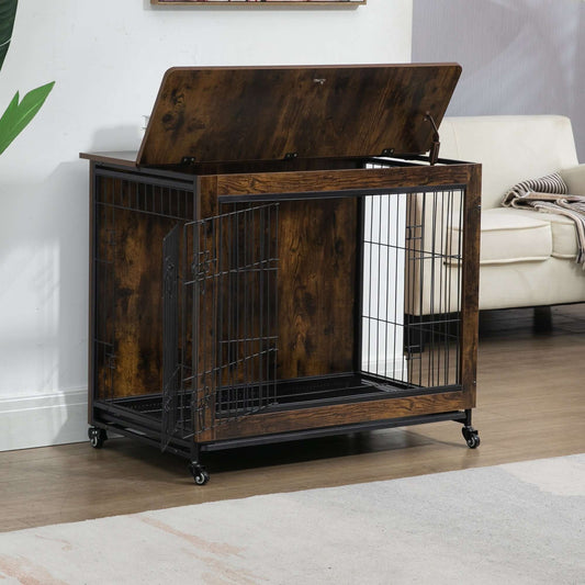 24" Dog Crate Table, Double-Doors, Flip Top, Removable Tray, Rustic Brown GIGA