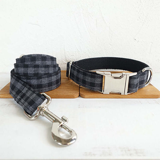 Black Grey Checker Dog Collar, Leash Set cjdropshipping