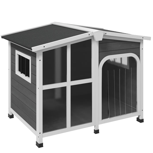 42" Cabin-Style Dog House for Large Dogs with Openable Asphalt Roof & Giant Window, Gray supdog