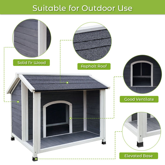 40" Wooden Dog House, Porch, Easy Assemble, Gray GIGA