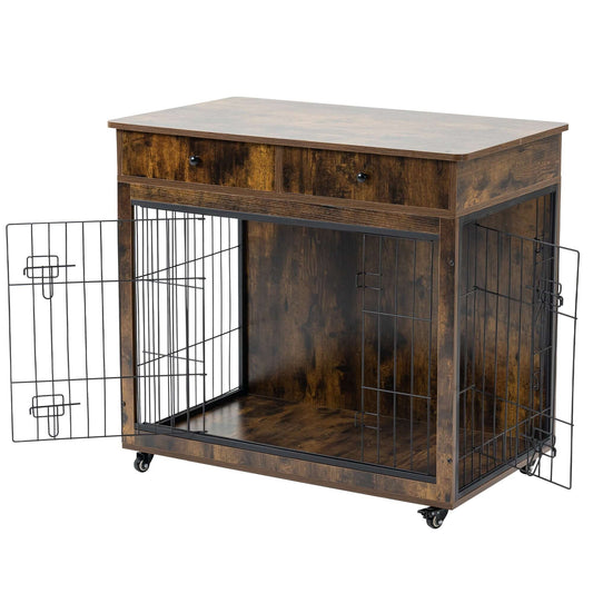 32" Dog Crate End Table, 2 Drawer, Double-Door, Small, Rustic Brown GIGA