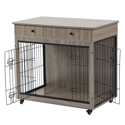 32" Dog Crate End Table, 2 Drawer, Double-Door, Small, Grey GIGA