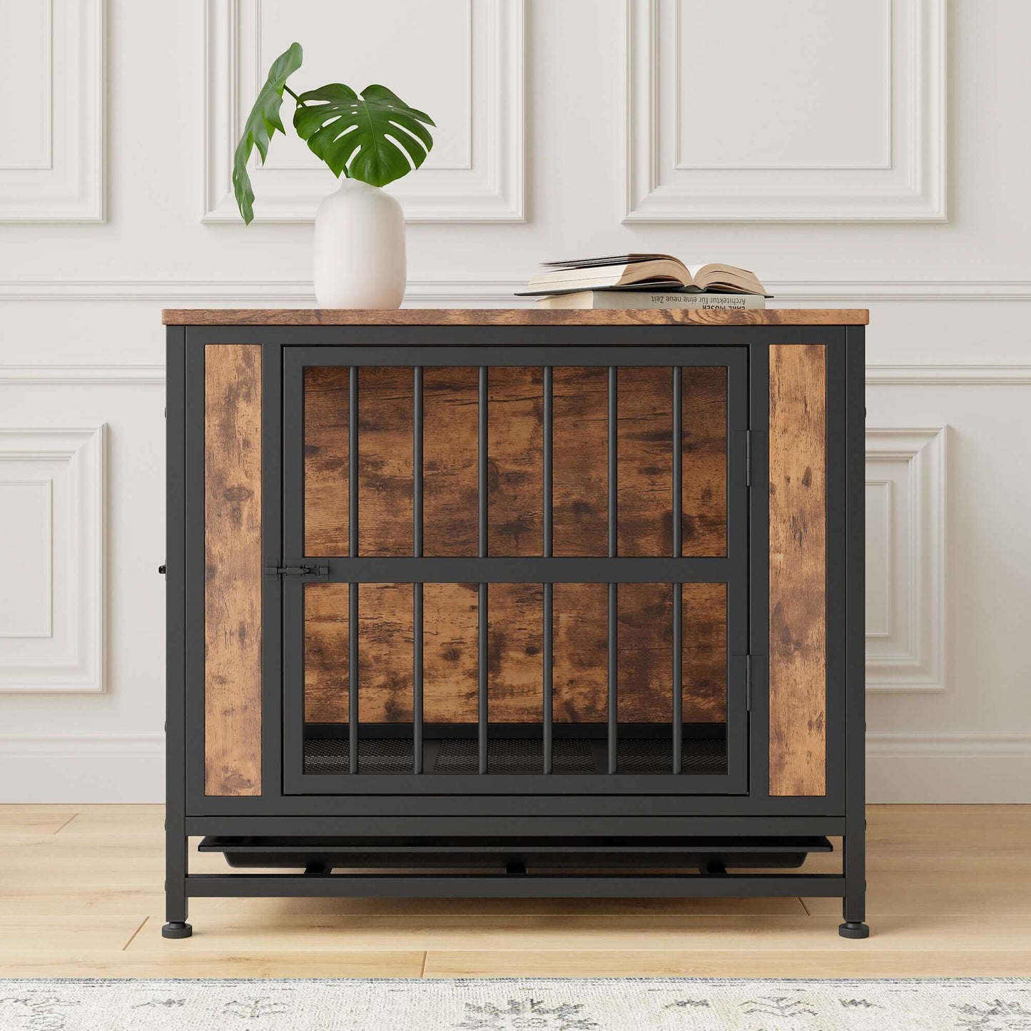 Dog Crate Furniture,  Wooden Dog Crate Table, 27.48' Dog Kennel with 2 Sliding Doors and Thick Iron Door Frame, Decorative Pet Crate House for Small Dog Indoor Use(Rustic Brown)