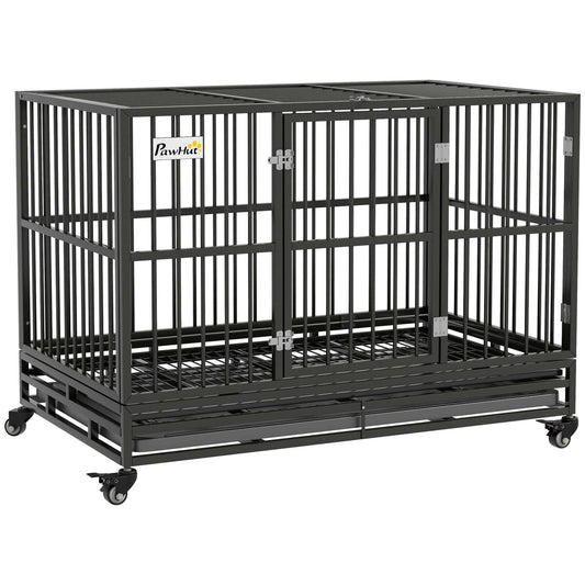 48" Heavy Duty Dog Crate with Lockable Wheels, Slide-out Tray and Anti-Pinching Floor