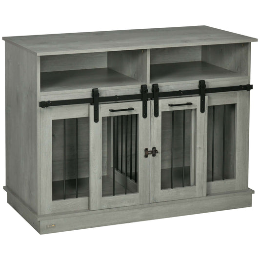 47" Dog Crate Furniture, Double with Shelves, Sliding Doors, Gray