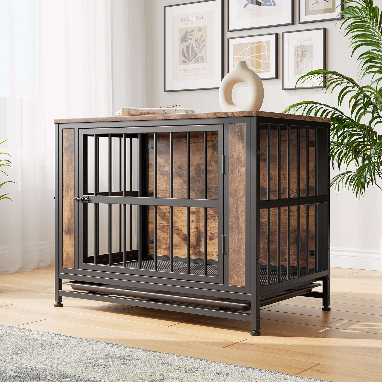 Dog Crate Table, 33', 2 Sliding Doors, Medium/Small (Rustic Brown)