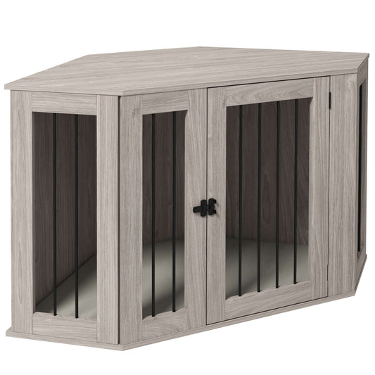 48" Corner Dog Crate Furniture, End Table with Cushion, Walnut Brown