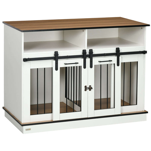 47" Dog Crate Furniture, Double with Shelves, Sliding Doors, White