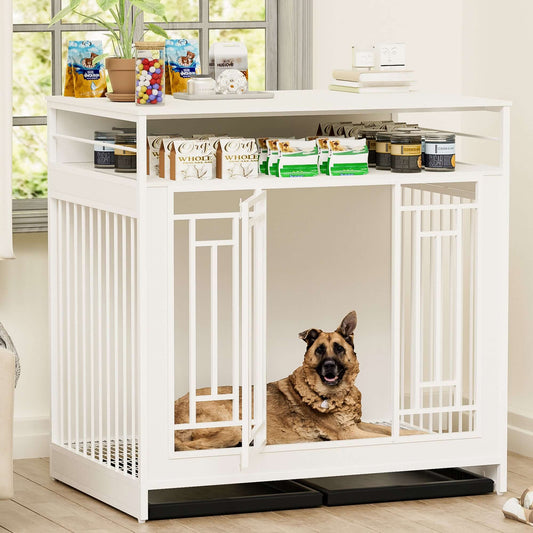 43' Wooden Dog Crate with Divider and Storage, White