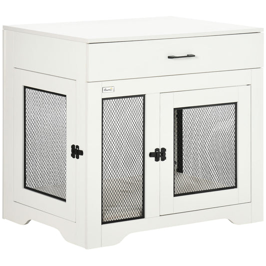 30" Dog Crate with Soft Water-Resistant Cushion, Drawer, 2 Doors, for Small Dogs, White supdog