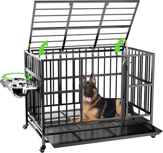 48" Heavy Duty Dog Crate with Wheels/Unique Air Lift Rod / 360° & Adjustable 2 Bowls/Removable