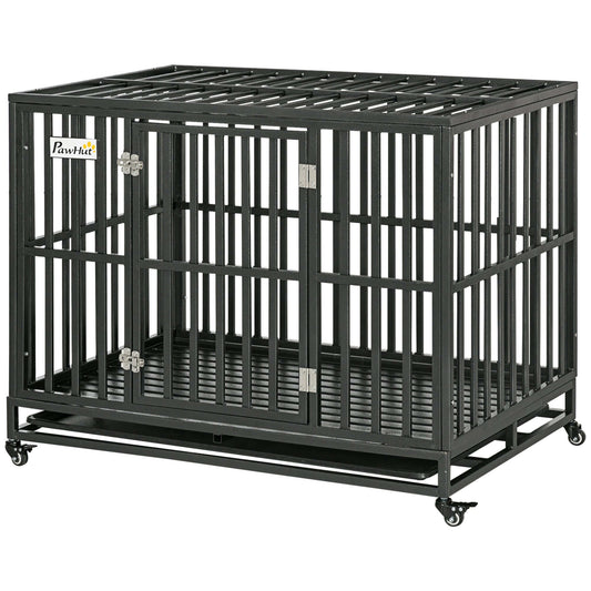 44" Heavy Duty Dog Crate with Lockable Wheels, Slide-out Tray and Anti-Pinching Floor