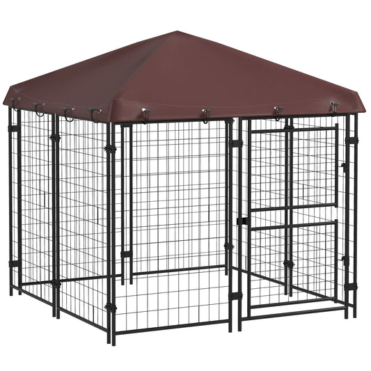 4.6' x 5' Dog Kennel with Waterproof Cover, Two Part Door Design, Brown