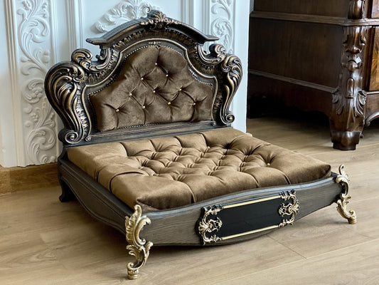 Luxury Carved Wood Baroque Oak Pet Bed, Quilted Velvet