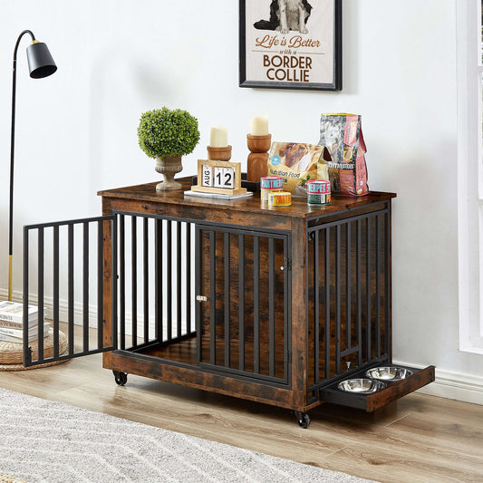 38" Dog Crate Side Table With Feeding Bowl, Wheels, Three Doors, Flip-Up Top Opening, Rustic Brown GIGA