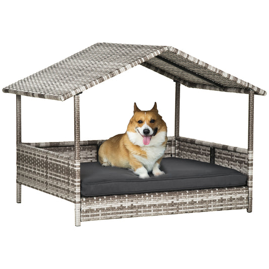 Pet Patio Furniture Dog Bed, Wicker-Rattan with Canopy & Removable Cushion, Cream GIGA