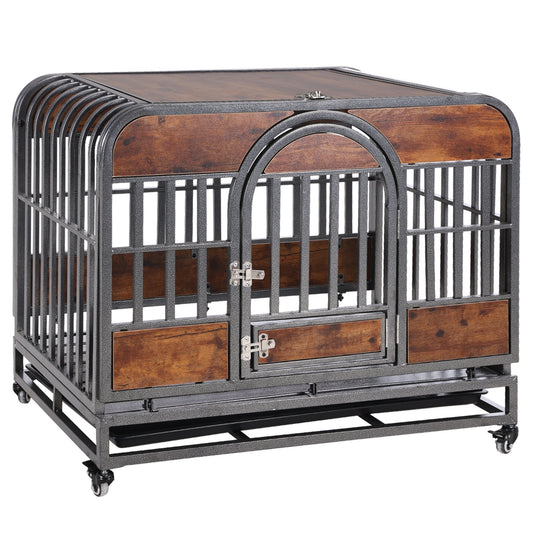 36" Heavy Duty Dog Crate, Removable Trays and Wheels for High Anxiety Dogs, Brown GIGA