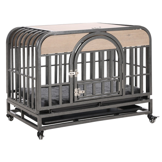 36" Heavy Duty Dog Crate, Removable Trays and Wheels for High Anxiety Dogs, Grey GIGA