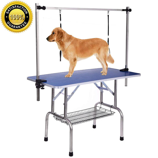 NEW HIGH QUALITY FOLDING PET GROOMING TABLE STAINLESS LEGS AND ARMS BLUE RUBBER TOP STORAGE BASKET GIGA