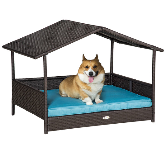 Pet Patio Furniture Dog Bed, Wicker-Rattan with Canopy & Removable Cushion, Blue GIGA