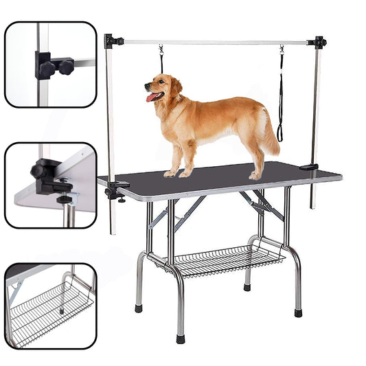 NEW HIGH QUALITY FOLDING PET GROOMING TABLE STAINLESS LEGS AND ARMS BLACK RUBBER TOP STORAGE BASKET GIGA